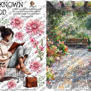 May include: Watercolor illustration featuring a woman reading a book, surrounded by pink flowers. The image includes text: "I AM KNOWN BY GOD." A second image shows a garden scene with a bench and flowers.