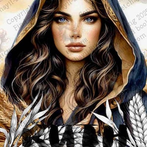 Op de afbeelding: Digitaal kunstportret van een vrouw met blauwe ogen en lang, golvend bruin haar, gekleed in een donkerblauwe capuchon met gouden rand. De afbeelding bevat de tekst "RAAH" en "Devotion That Outlives the Moment".