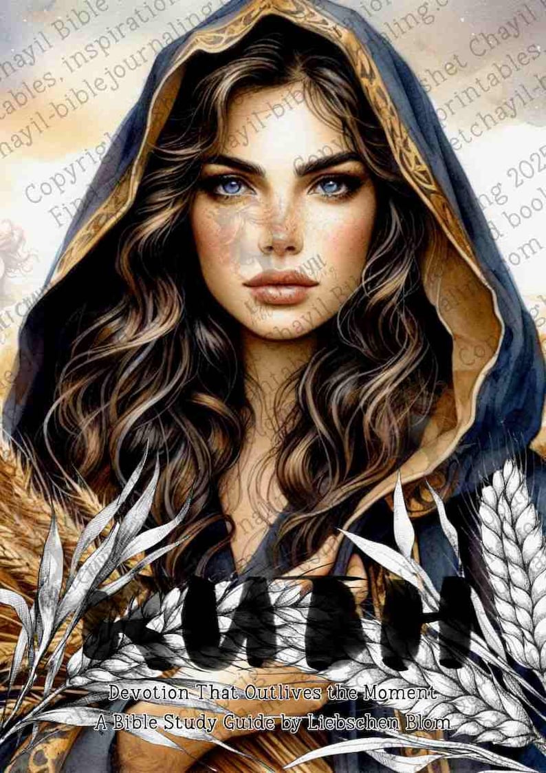 Op de afbeelding: Digitaal kunstportret van een vrouw met blauwe ogen en lang, golvend bruin haar, gekleed in een donkerblauwe capuchon met gouden rand. De afbeelding bevat de tekst "RAAH" en "Devotion That Outlives the Moment".