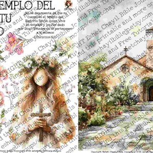 May include: A watercolor-style printable featuring a woman with a floral crown and a church. The text "SOY TEMPLO DEL ESPÍRITU SANTO" is at the top. The image includes flowers and text from Corinthians 6:19.