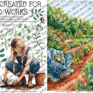 Op de afbeelding: Waterverfillustratie met een vrouw die aan het tuinieren is, met de tekst "I AM CREATED FOR GOOD WORKS." De afbeelding bevat een levendige tuinscène met groenten en een vrouw die aan het planten is. De stijl doet denken aan een Bijbels dagboek.