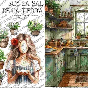 May include: Watercolor illustration featuring a woman with long hair, a red flower, and various potted herbs. The image includes text in Spanish, a kitchen scene, and a rustic aesthetic.