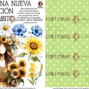 May include: A digital art print featuring a woman with a floral crown and sunflowers, with text in Spanish. The print includes daisies, blue flowers, and a green polka dot background. The text reads "SOY UNA NUEVA CREACIÓN EN CRISTO".