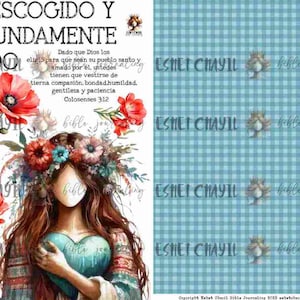 May include: An illustration with the text "SOY ESCOGIDO Y PROFUNDAMENTE AMADO" and a woman with a floral crown holding a heart. Red poppies and other flowers surround the woman. The right side has a blue and white checkered pattern.