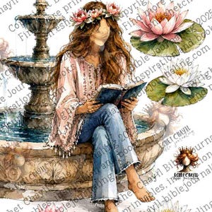 May include: A digital illustration featuring the text SPEAK LIFE above a person with long brown hair wearing a floral crown, a light-colored patterned top, and blue jeans, sitting on the edge of a stone fountain reading a book with water lilies.
