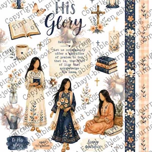 May include: A digital collage with the text "Created for His Glory" and illustrations of women, crosses, flowers, and Bible verses. The design features a mix of floral and religious elements in a soft color palette.