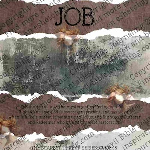 May include: A digital art print with the word "JOB" in bold black letters. The design features torn paper textures in shades of brown, gray, and white, with subtle angel illustrations and text from the Bible.