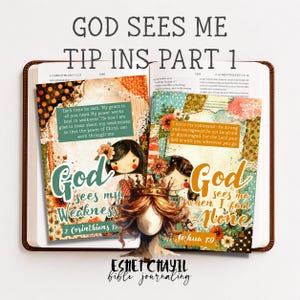 May include: Open Bible with two colorful pages featuring illustrations and text. The text reads "GOD SEES ME TIP INS PART 1". One page says "God sees my Weakness" and the other says "God sees me when I feel Alone". The artist's name is at the bottom.