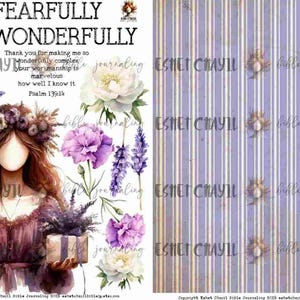 May include: Digital art print featuring a watercolor illustration with the text "I AM FEARFULLY AND WONDERFULLY MADE." The image includes a woman with a floral crown, flowers, and a striped background.