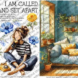 May include: A watercolour art print with a woman on the left, flowers, and text: "I AM CALLED AND SET APART." The right side depicts a cosy room with a window, plants, and a bed. The artwork uses a soft, inviting colour palette, creating a peaceful scene.