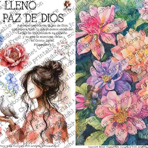 May include: Watercolor art print featuring a woman with dark hair, a dove, and floral elements. The text in Spanish reads "I am filled with the peace of God." The right side displays colorful flowers.