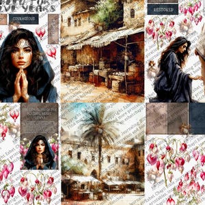 May include: Digital art print featuring a woman in a dark cloak, hands clasped in prayer, and text that reads "Who Looked for Twelve Years" and "Courageous." The image has a vintage, watercolor style with floral and architectural elements.
