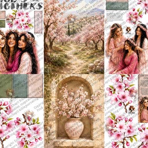 May include: A digital collage sheet featuring three women with flower crowns, a landscape of blooming cherry trees, a vase of cherry blossoms in an arched stone niche, and text including Job's Daughters, Valued, Honored, and Jemimah Keziah Keren-Happuch.