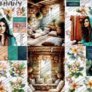 May include: Digital art featuring a woman in a teal hooded robe, with floral and architectural elements. The image includes text boxes with words like "Devoted" and "Restored", and decorative flowers. The overall theme is religious.