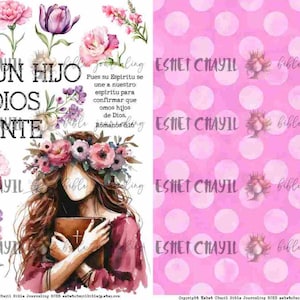 May include: A digital art print featuring a watercolor illustration of a woman with a floral crown holding a book. The image includes text in Spanish and English, along with floral elements and a pink polka dot pattern.