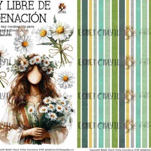 May include: Digital art featuring a woman with a daisy crown and bouquet, alongside daisy illustrations and text in Spanish. A striped pattern in green, yellow, and teal is on the right. The text reads "ESTOY LIBRE DE CONDENACIÓN".