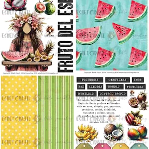 May include: A collage featuring watercolor illustrations of fruits like watermelon, pineapple, and dragon fruit. The design includes a woman with a floral crown, text in Spanish, and patterned paper strips. The theme is centered around the concept of 'Fruit of the Spirit'.