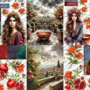 May include: A collection of digital art prints featuring watercolor illustrations. The images include portraits of women, pomegranates, floral elements, and biblical themes. The color palette includes reds, purples, and greens, with text overlays.