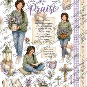 May include: Digital collage sheet featuring illustrations of women, flowers, and religious elements. The design includes the words "Offering Praise" and Bible verses. The color palette is soft, with lavender and green tones.