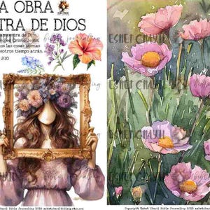 May include: Watercolor art print featuring a woman holding a gold ornate frame filled with flowers. The image includes floral elements and text in Spanish. The right side shows pink flowers with yellow centers. The overall theme is inspirational art.