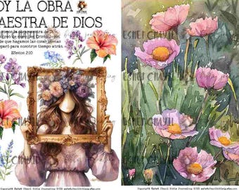 May include: Watercolor art print featuring a woman holding a gold ornate frame filled with flowers. The image includes floral elements and text in Spanish. The right side shows pink flowers with yellow centers. The overall theme is inspirational art.