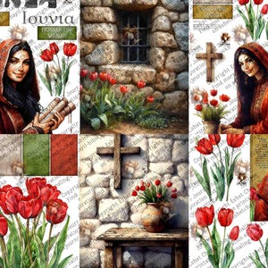 May include: A collage of watercolor illustrations featuring a woman in a red hooded cloak, tulips, a stone wall, and a wooden cross. Text includes "Louvia" and "Pioneer for Women".