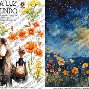 May include: A watercolor illustration featuring a woman holding a lantern, surrounded by orange and yellow flowers. The image includes text in Spanish, and a starry night scene with wildflowers.