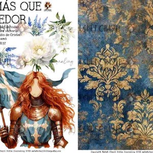 May include: Digital art print featuring a watercolor illustration of a female knight with red hair, holding a flag. The image includes floral elements and text in Spanish. A blue and gold damask pattern is on the right.