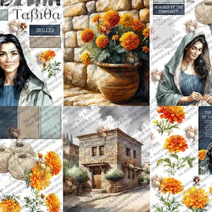 May include: A collage of watercolor illustrations featuring a woman, flowers, and buildings. The central image depicts a woman with dark hair and a blue garment. Other images include orange marigolds, a stone building, and text that reads "Tabitha" and "Honored by the Community."
