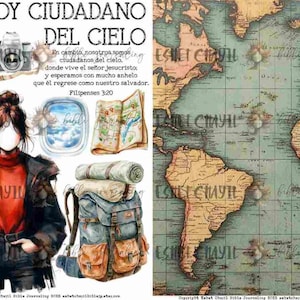 May include: Watercolor illustration featuring travel-themed elements. Includes a compass, camera, passport, hot air balloon, airplane window, map, backpack, and a world map. The text "SOY CIUDADANO DEL CIELO" is at the top.