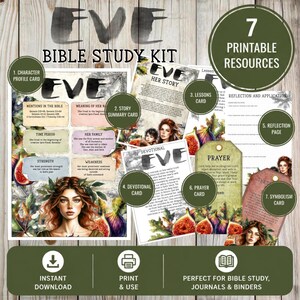 May include: A printable Bible study kit featuring seven resources about Eve, including a character profile card, story summary, lessons, devotional, reflection page, prayer card, and symbolism card, all decorated with fig illustrations and text.