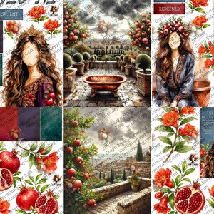 May include: A collage of watercolor illustrations featuring women, pomegranates, and floral elements. The images include text such as "Resilient," "Restored," and "Wise." The color palette includes reds, purples, and greens, with a focus on biblical themes.