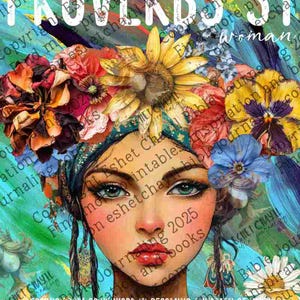 May include: A digital art print featuring a woman's face adorned with a floral crown, with the text "PROVERBS 31 woman." The artwork has a vibrant color palette and includes text that reads "Lessons from God's Word in Becoming a Woman of Valor."