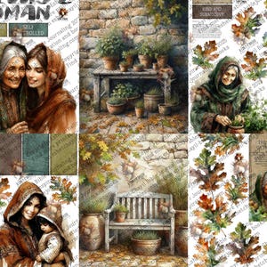 May include: A collage of watercolor illustrations featuring women, plants, and autumn leaves. The images include portraits of women in headscarves, potted plants, and a bench. The color palette is warm with earthy tones.