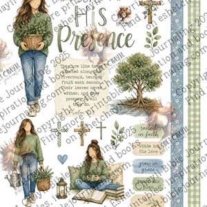 May include: Digital printable featuring illustrations of women, crosses, and floral elements. Text includes "Planted in His Presence," Bible verses, and decorative borders. Perfect for journaling and scrapbooking.