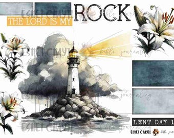Könnte beinhalten: Eine Aquarell-Illustration eines Leuchtturms auf einer felsigen Insel mit einem stürmischen Himmel und Sonnenstrahlen, die durch die Wolken scheinen. Der Text "ROCK" befindet sich oben im Bild und "THE LORD IS MY" darunter. Das Bild ist ein digitaler Download zur Verwendung im Bibeljournal.