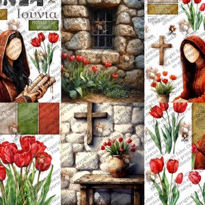 May include: A collage featuring watercolor illustrations of women in red hooded cloaks, red tulips, stone walls, and crosses. Text includes "Louvia" and "Pioneer for Woman". The overall theme is religious and inspirational.
