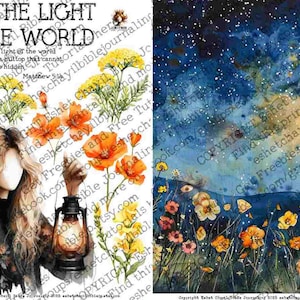 May include: A digital art print featuring the text "I AM THE LIGHT OF THE WORLD" with a woman holding a lantern, surrounded by flowers. The right side shows a starry night sky and a field of flowers.