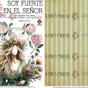 May include: Watercolor illustration featuring a woman with a floral crown and bouquet, alongside floral elements and text in Spanish: "SOY FUERTE EN EL SEÑOR" (I am strong in the Lord). Includes a green striped background.