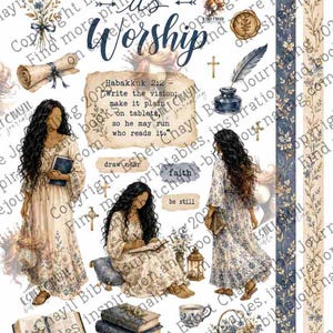 Może przedstawiać: Cyfrowy wydruk artystyczny z napisem "Written as Worship" oraz ilustracjami kobiet, książek, kwiatów i motyli. Projekt zawiera tekst z Księgi Habakuka 2:2 i elementy dekoracyjne w stylu vintage.