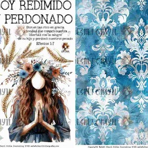 May include: A digital art print featuring a woman with a floral crown and text in Spanish. The text reads "SOY REDIMIDO Y PERDONADO" and a Bible verse. The right side has a blue and white damask pattern.
