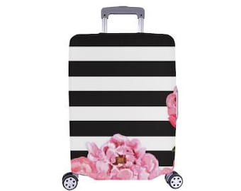 Luggage Cover, Carry On, Travel,  Black and White Stripes & Floral Luggage Cover - Small Fits 18"-21" Ready To Ship