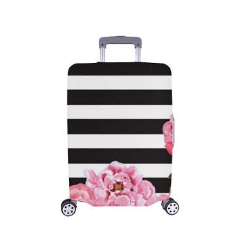 Luggage Cover, Carry On, Travel, Black and White Stripes & Floral Luggage Cover Small Fits 1821 Ready To Ship image 1