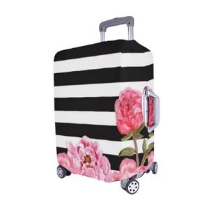 Luggage Cover, Carry On, Travel, Black and White Stripes & Floral Luggage Cover Small Fits 1821 Ready To Ship image 3
