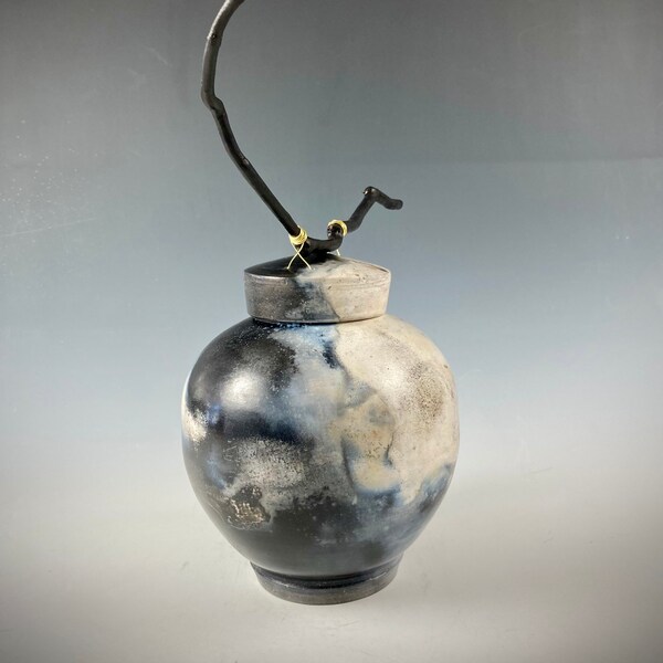 Black and Cream Ceramic Cremation Urn, or Keepsake Urn  Barrel-fired with rhododendron branch