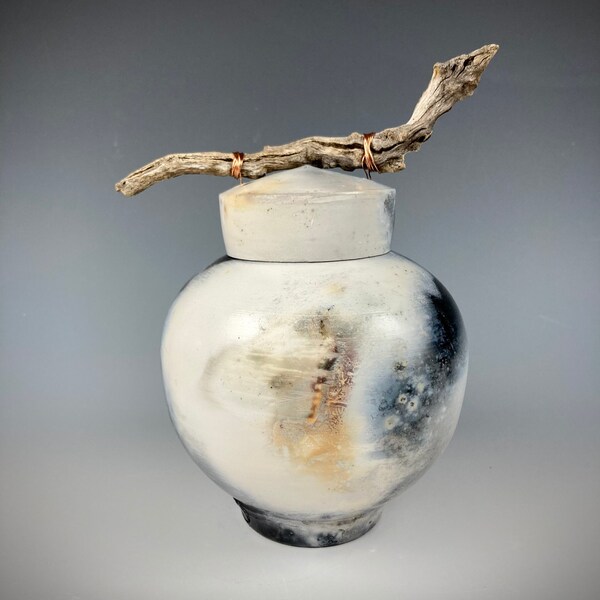 Black and Cream Ceramic Cremation Urn, or Keepsake Urn  Barrel-fired with Drift Wood for Ashes