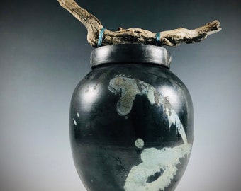 Large Ceramic Urn for Cremation, Pet Urn or Keepsake Urn Black Alternatively Fired Raku with Driftwood