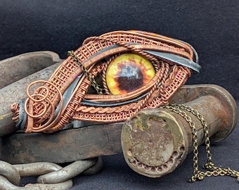 Handmade Dragon Eye Pendant - Wired Wrapped Copper Amulet - Fantasy Steampunk Necklace