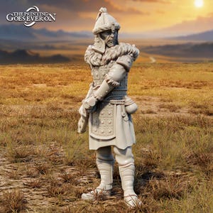 May include: A white plastic miniature figurine of a warrior wearing a helmet, armor, and a fur-lined coat. The warrior is holding a weapon in his right hand. The figurine is standing on a grassy field with a dirt path in the background.