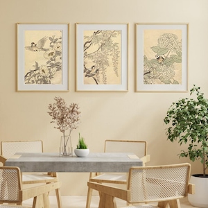 Set of 3 Japanese floral vintage art prints for digital download, flower and Bird wall art prints, Japandi , antique botanical art